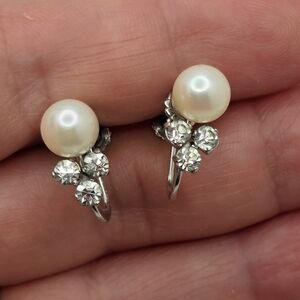 Vintage Screw Back Earrings Faux Pearl Silver Tone Rhinestone Signed